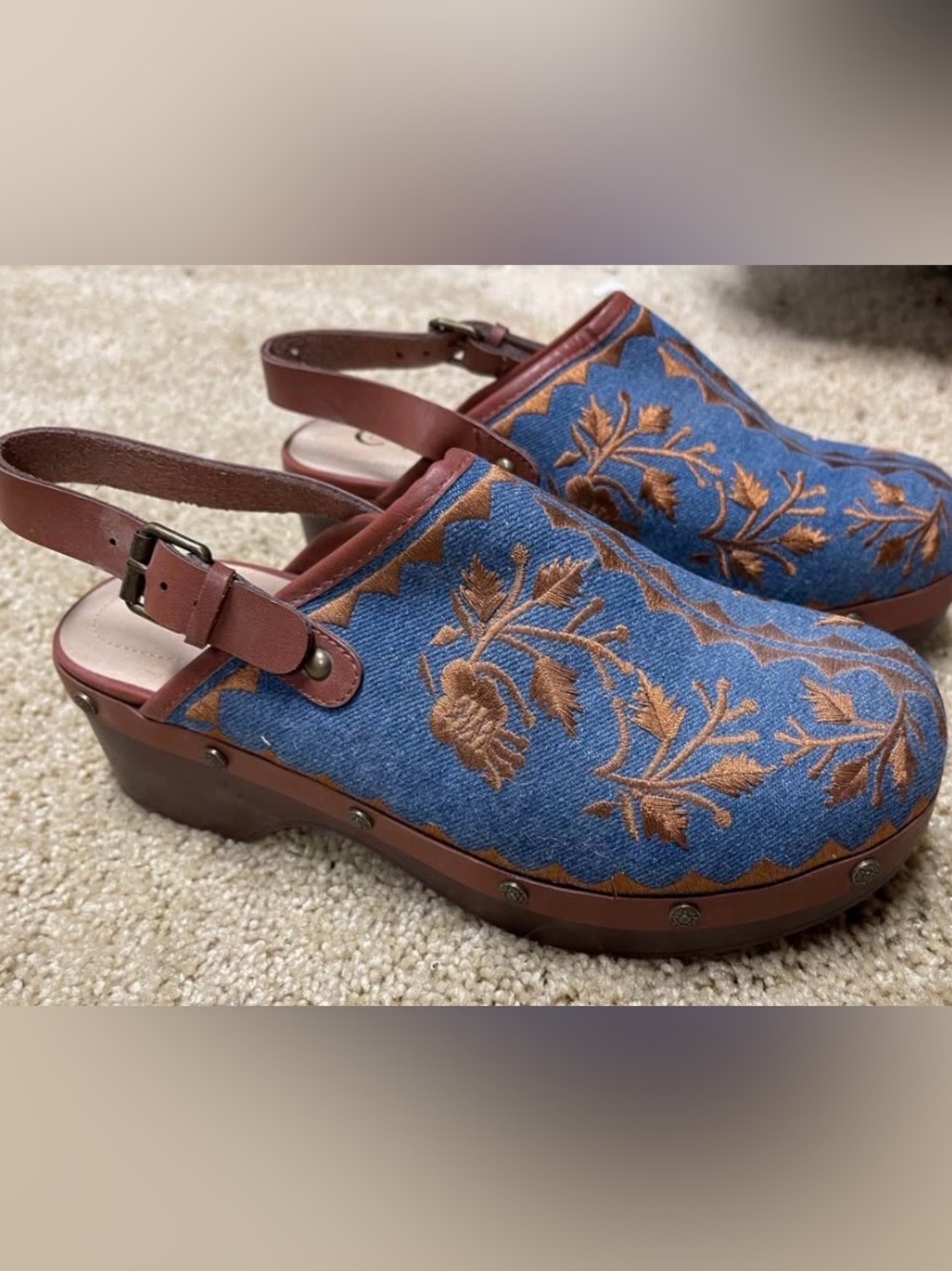 Comfort Est. 1946 Boho Embroidered Denim Platform Clogs Slingback Wedge 9W - Picture 3 of 4